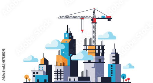 Urban construction site with a large crane working on a skyscraper among other buildings under development against a cloudy sky.