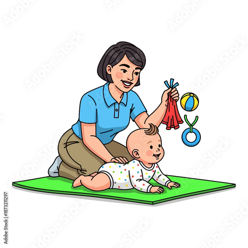 Caring mother playing with happy baby on green mat with toys