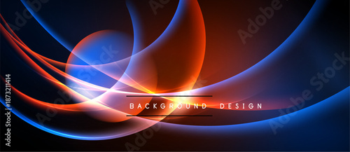 Abstract flowing shapes, vibrant blue, orange hues. Dark background creates dramatic visual effect. Modern design element.