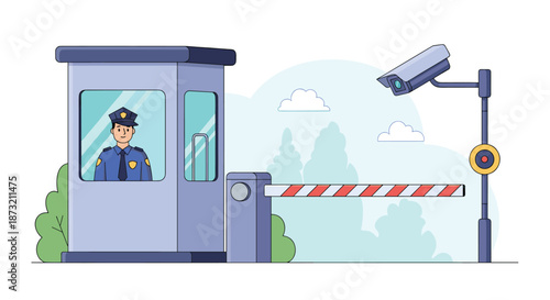 Security guard in uniform sits inside a checkpoint booth next to a closed boom barrier and a surveillance camera for safety.