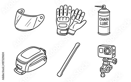 Motorcycle rider gear and accessories doodle illustration
