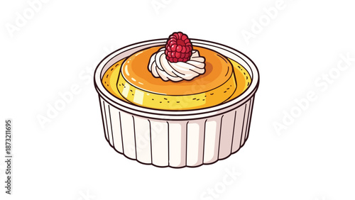 A delightful illustration of a creamy custard dessert, featuring a rich golden flan. Elegantly presented in a white fluted cup, it's beautifully