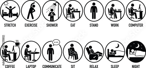 Healthy Daily Routine Icons Set Showing Activities Stretch Exercise Shower Eat Stand Work Computer Coffee Laptop Communicate Relax Sleep Night Routine Vector Collection