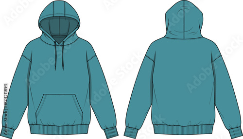 Hoodie sweatshirt cad drawing flat vector front and back view technical apparel design template isolated on white background