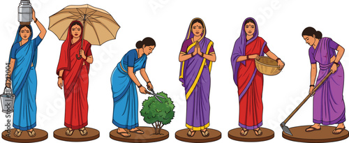 Indian Village Women Daily Activities Illustration, Rural Life, Traditional Saree Culture, Farming, Water Carrying, Household Work Vector Art