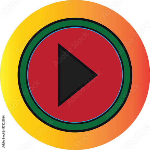 Colorful multimedia play button icon with a black triangle on a red center and gradient rings