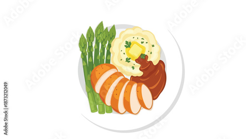 Illustrative balanced dinner plate with tender sliced chicken breast, creamy mashed potatoes, butter, rich gravy, and green asparagus. Healthy meal