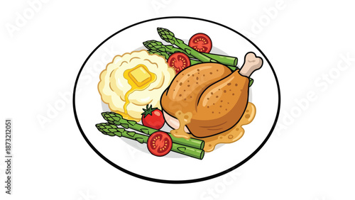 Wholesome cartoon roast chicken plate with creamy potatoes asparagus and tomatoes