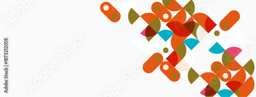 Abstract geometric shapes, vibrant colors, minimalist design. Background is white, composition feels modern, playful.