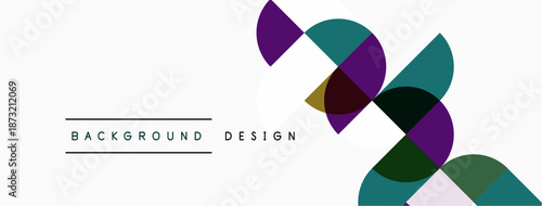 Abstract geometric shapes overlap, creating modern background. Purple, teal, olive tones dominate design. Minimalist aesthetic present.