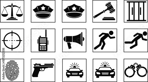 Law Enforcement and Justice Icon Set Featuring Police, Court, Prison, Weapons, Surveillance, Arrest Symbols in Black Vector Style