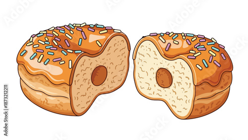 Delicious cut donut halves with colorful sprinkles and sweet caramel glaze artistic illustration perfect for bakeries