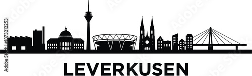Leverkusen Germany skyline silhouette featuring city landmarks, modern architecture and iconic stadium in clean black vector illustration for urban travel branding