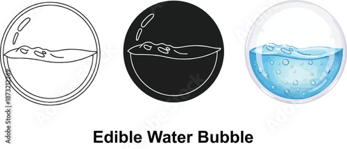 Set of edible water bubble icons representing liquid spheres in outline silhouette and realistic styles for innovative food and beverage concepts