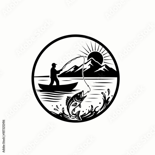 Vector silhouette logo of a man fishing in the wild 