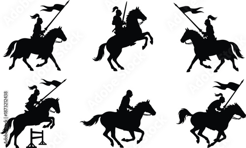 Medieval knight silhouette set featuring mounted warriors, jousting horses, banners and historic cavalry action for tournaments and battle concepts
