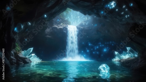 Magical cave with waterfall and crystals