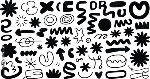 Abstract modern graphic design element set of black bold hand drawn scribble shapes