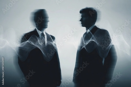 Two men stand facing each other with abstract waves in the background at a business meeting in a modern office setting
