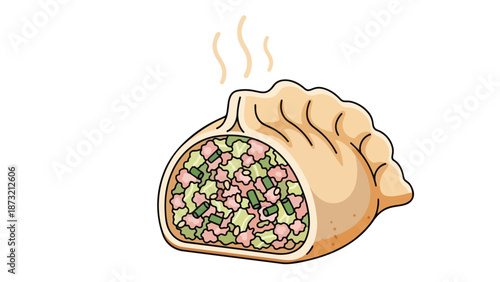 A vibrant illustration of a freshly steamed dumpling, cut open to reveal its delightful, colorful filling.