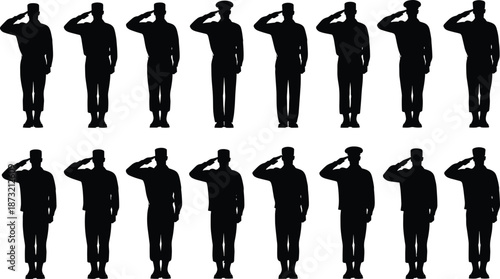 Military salute silhouette icon set featuring uniformed soldiers honoring service patriotism respect ceremony in black vector illustration design collection
