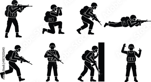 Military soldier silhouettes set isolated on white background showing tactical combat poses armed infantry operations special forces action illustration collection