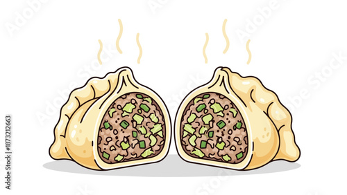 Steaming Asian dumplings halved, revealing savory minced meat and vibrant green vegetable filling
