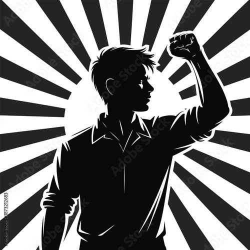 Silhouette of man raising clenched fist against sunburst background strong power