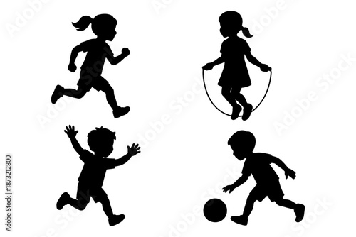 Silhouette of children playing: running, jumping rope, kicking ball.
