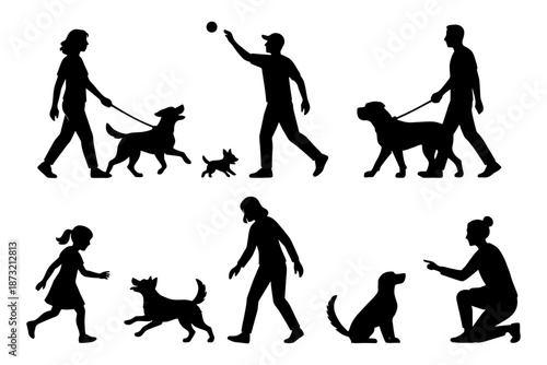 Silhouettes of people walking and playing with dogs.