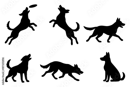 Silhouette dog activities: playing, jumping, running, sitting, catching frisbee.