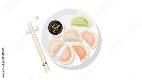 Vector illustration of diverse colorful dumplings on a white plate with savory dipping sauce and chopsticks, representing an authentic and