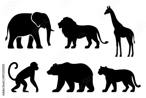 Silhouettes of diverse wild animals: elephant, lion, giraffe, monkey, bear, panther.