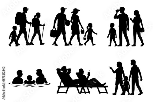 Silhouettes of families engaging in outdoor leisure activities.