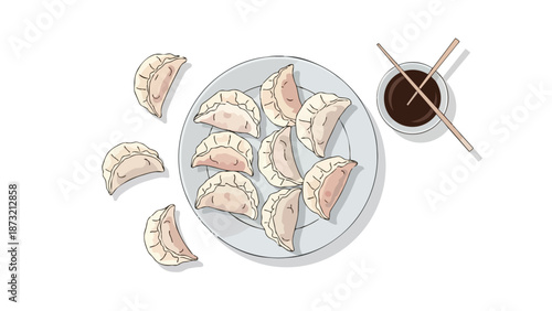 Delicious Asian dumplings illustration on white plate with rich dipping sauce and elegant wooden chopsticks showcasing authentic food art