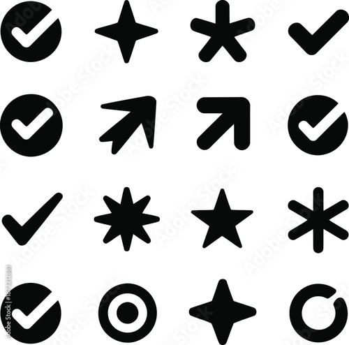 Checkmark and star icons collection with various geometric symbols black set art