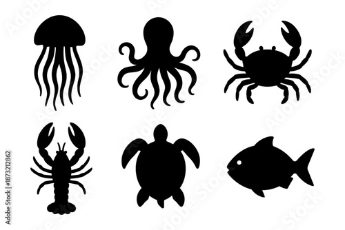 Silhouettes of marine animals: jellyfish, octopus, crab, lobster, turtle, fish.