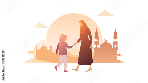 A heart-warming silhouette of a mother and her young daughter, both wearing hijabs, walking hand-in-hand towards a mosque. A soft sunset glow illuminates their figures from behind. Minimalist and icon