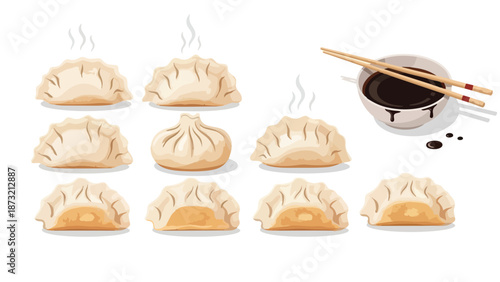 Assortment of freshly steamed Asian dumplings and buns with dipping sauce