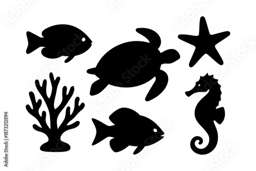Silhouette icons of marine life: turtle, fish, starfish, seahorse, coral.