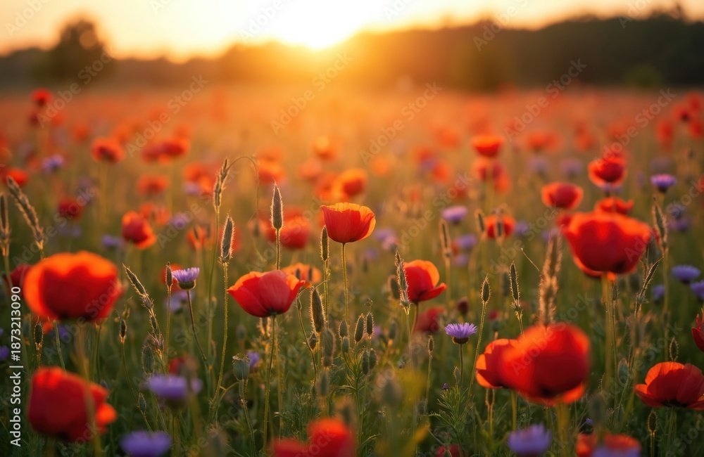Fototapeta premium Field of red poppies and blue cornflowers in warm sunset light. Beautiful nature scenery with wildflowers blooming. Atmospheric summer meadow landscape. Rural countryside scene with flowers.
