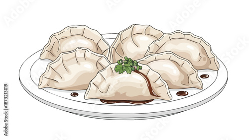 Artistic drawing of delicious Asian dumplings, arranged on a white plate, featuring savory sauce, fresh green herbs, perfect for food and culinary