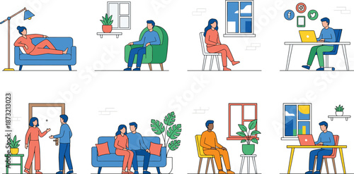 Modern people daily life illustration set showing home activities remote work relaxation social media communication and interior lifestyle scenes