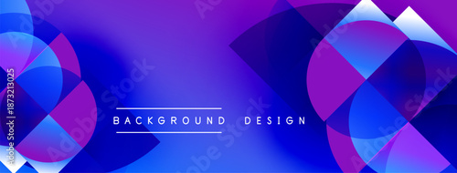 Abstract geometric shapes overlap, creating vibrant blue, purple gradients. Modern design suitable for banners, backgrounds. Minimalist text present.