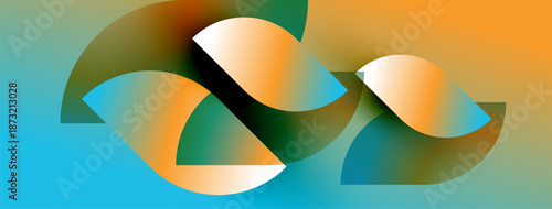 Abstract shapes blend orange, teal, green hues. Fluid forms suggest movement, dynamic composition. Soft gradients create depth, visual interest.