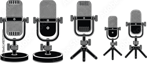 microphone set, black and white illustration, retro audio gear, mesh grille, tripod stand, broadcast icon, sound equipment