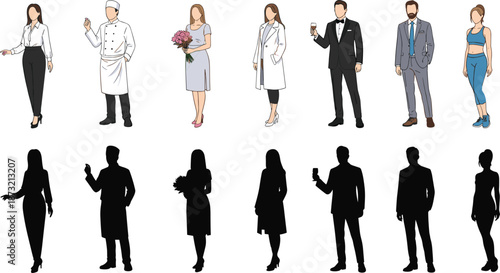 Multi profession people pose set isolated white background vector illustration business lifestyle doctor chef florist manager corporate SEO concept