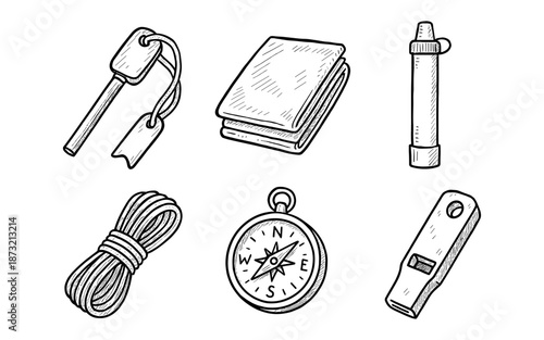 Hand-drawn survival gear icons including compass, rope, and fire starter