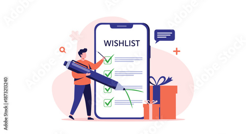 Man uses a large pen to check items off a digital wishlist on a giant smartphone screen next to wrapped gift boxes and icons.