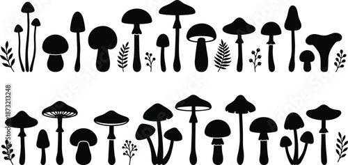 Mushroom silhouettes icon set botanical forest fungi shapes nature plant vector illustration collection organic wild design elements art